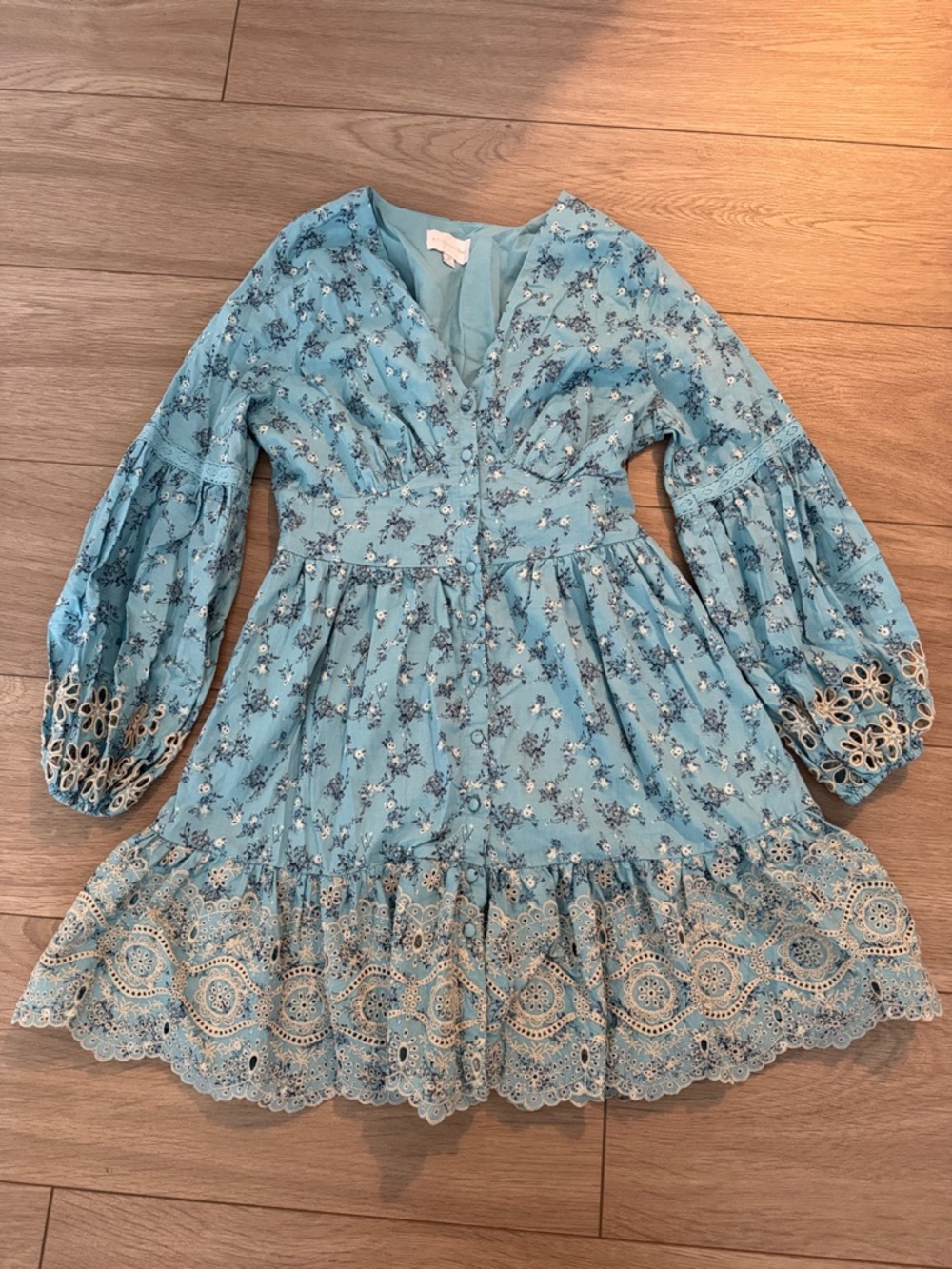 Girls' Light Blue Floral Lace-Trim Casual Dress